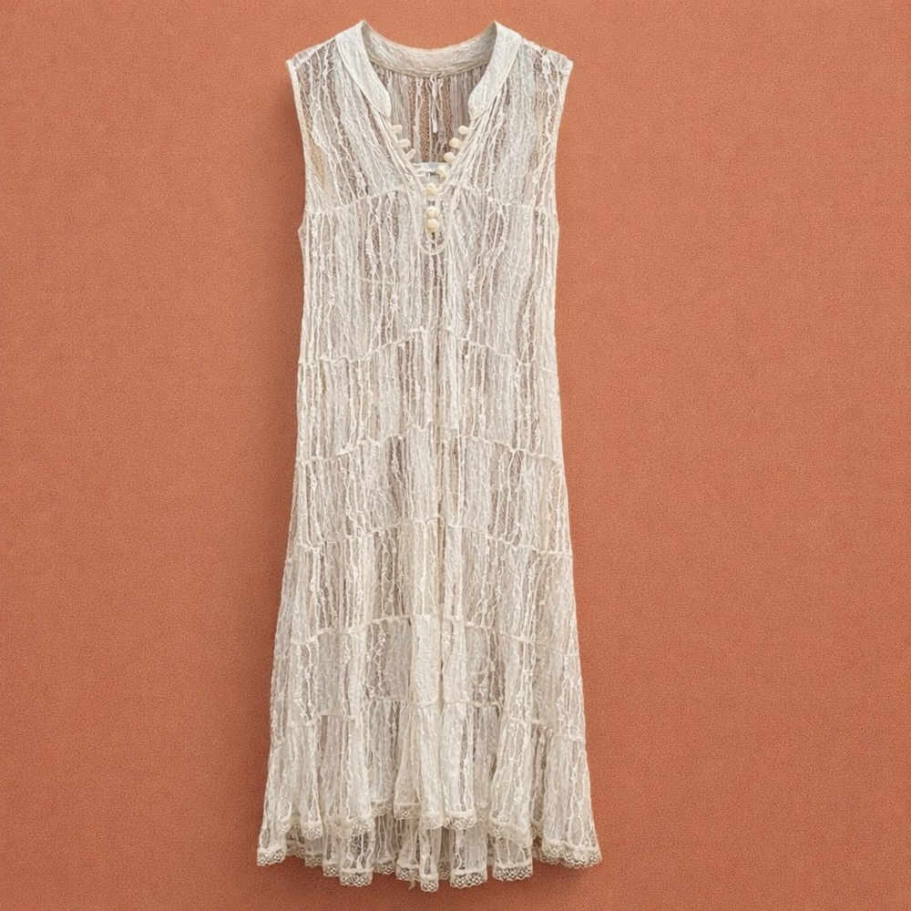 🆕 Free People Sheer Romantic Victoria Era Boho Lace Slip Midi Dress w Tie - M